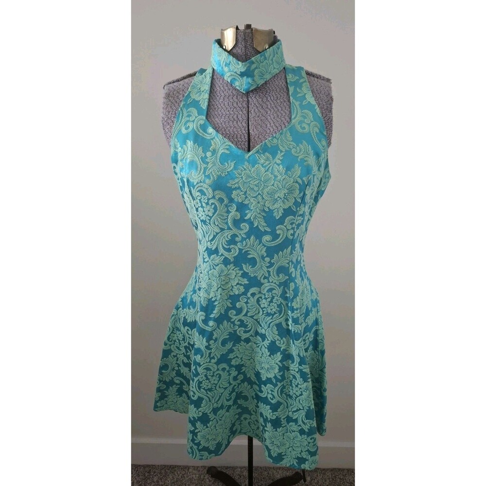 Vtg 80's Jessica McClintock Prom Cocktail Party Mini Dress Turquoise Halter 0